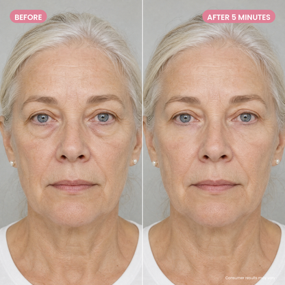 Before and after 5 minutes: under-eye bags flattened, same woman