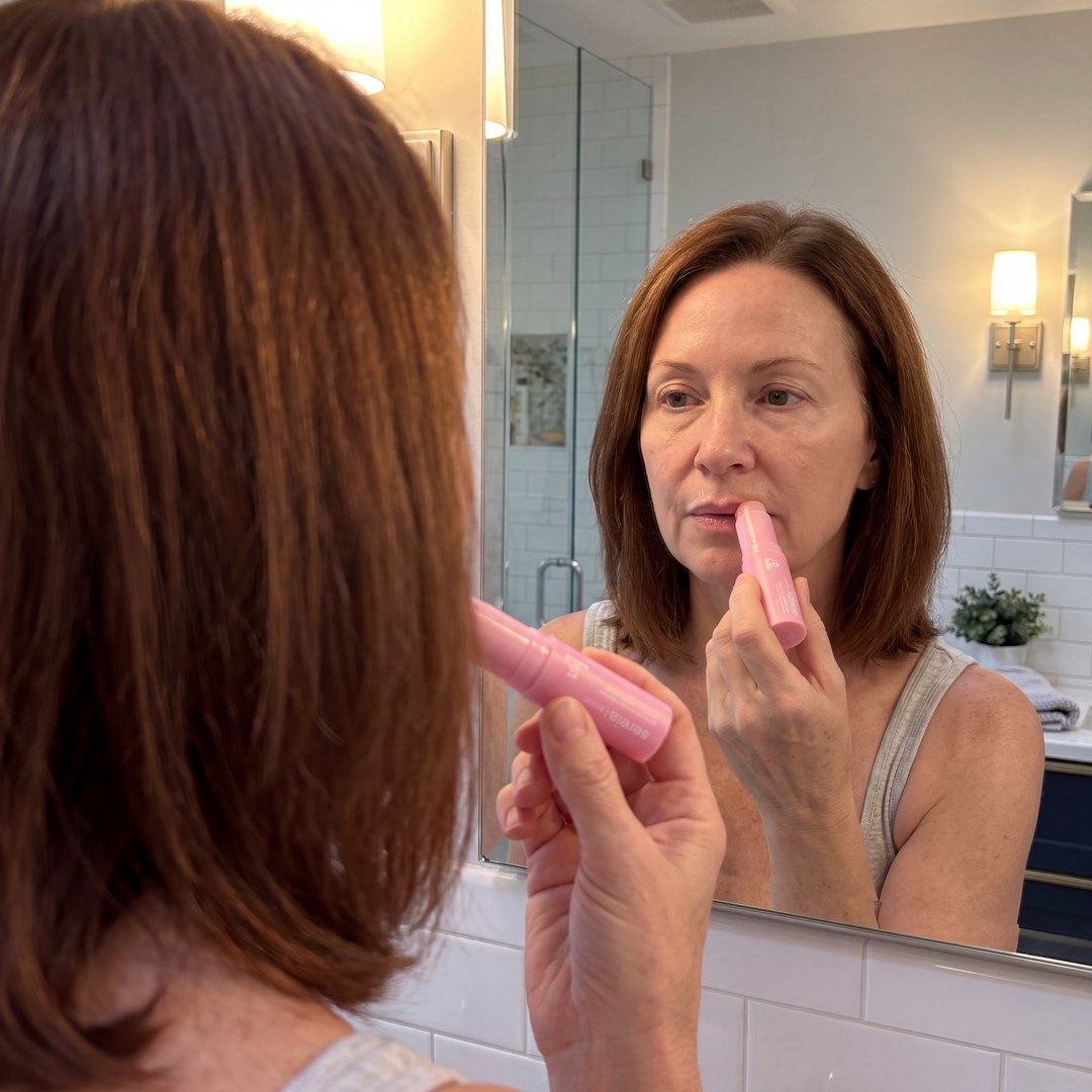 Applying the balm on lip lines in the mirror